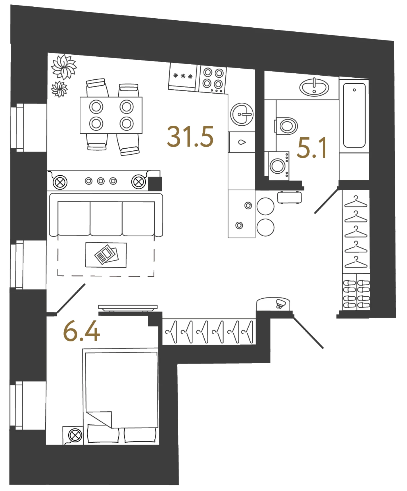 Планировка 1-комнатная 43 м² в арт-кластере «Типография» · Типография