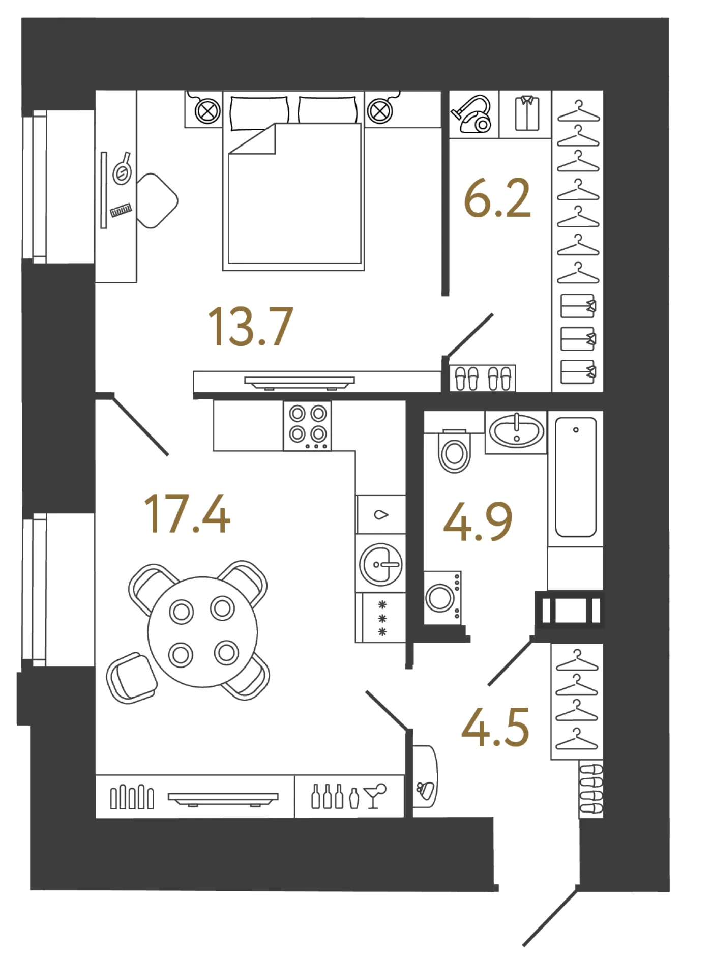 Планировка 1-комнатная 46,7 м² в арт-кластере «Типография» · Типография