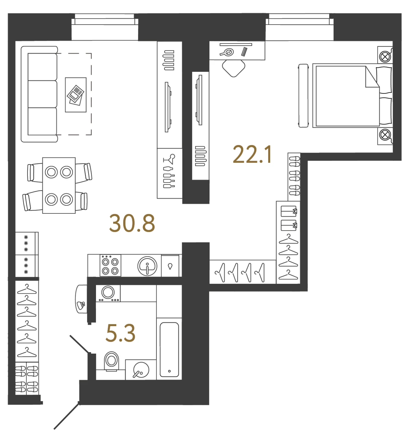 Планировка 1-комнатная 58,2 м² в арт-кластере «Типография» · Типография