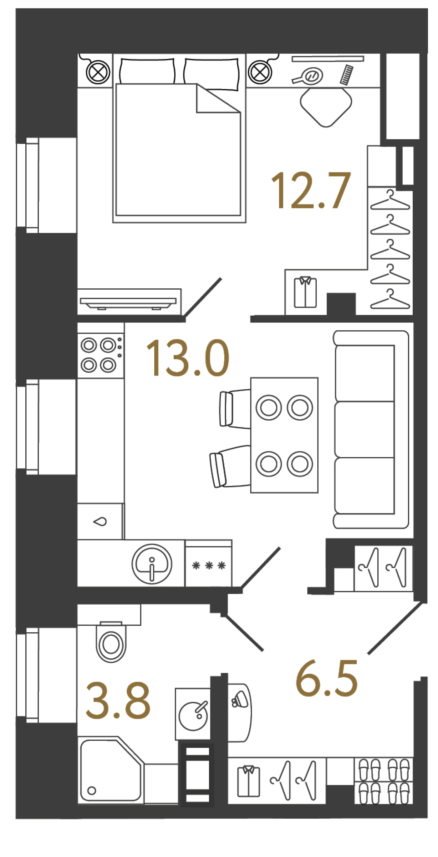 Планировка 1-комнатная 36 м² в арт-кластере «Типография» · Типография