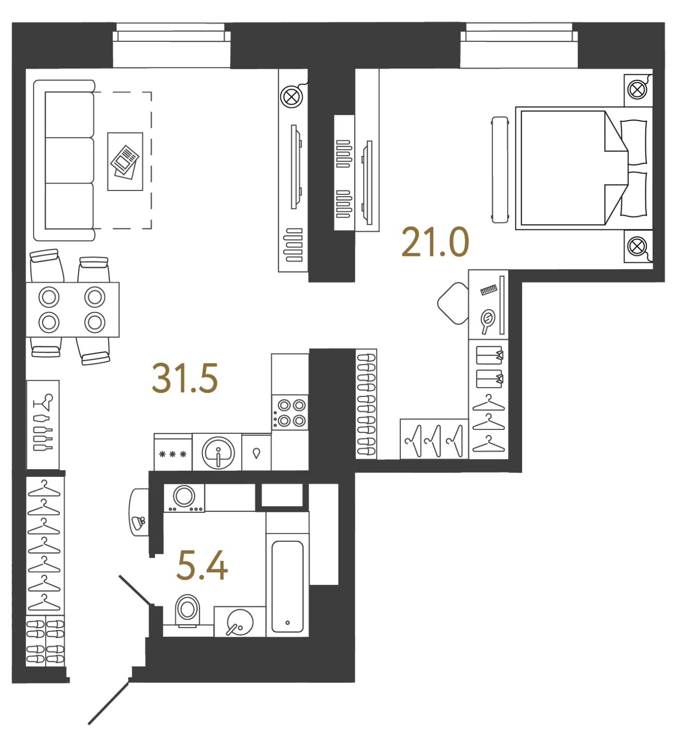 Планировка 1-комнатная 57,9 м² в арт-кластере «Типография» · Типография