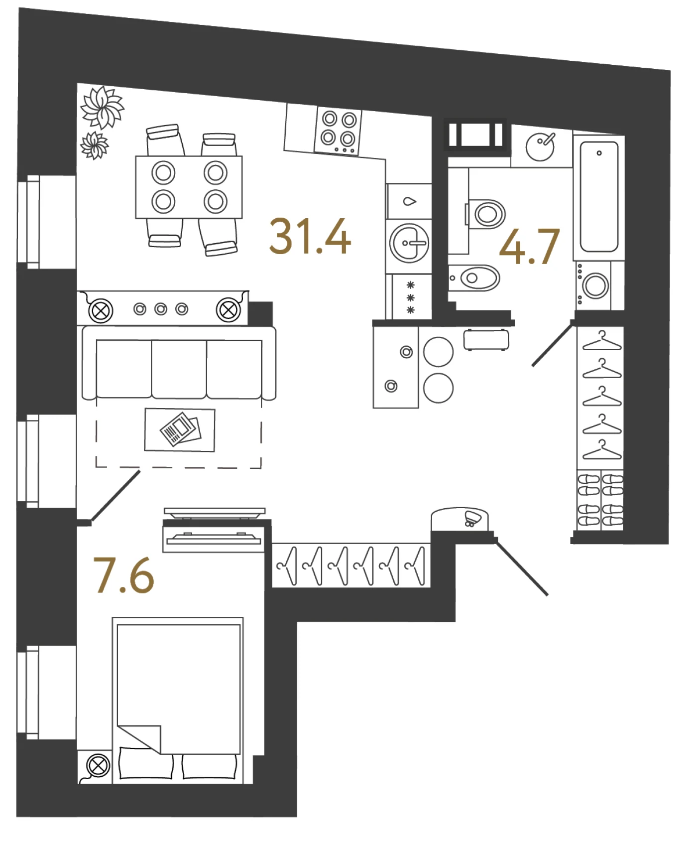 Планировка 1-комнатная 43,7 м² в арт-кластере «Типография» · Типография