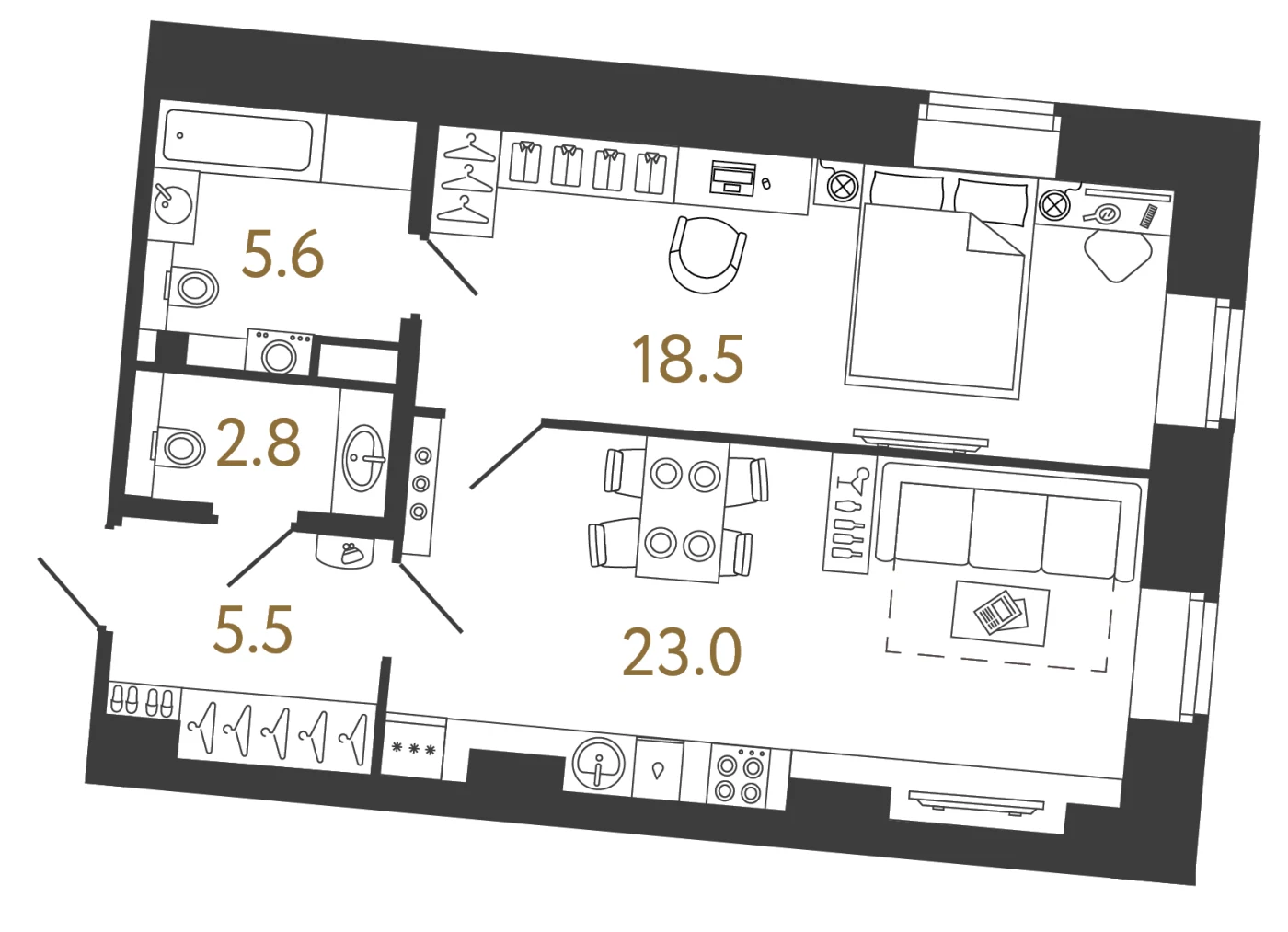 Планировка 1-комнатная 55,4 м² в арт-кластере «Типография» · Типография
